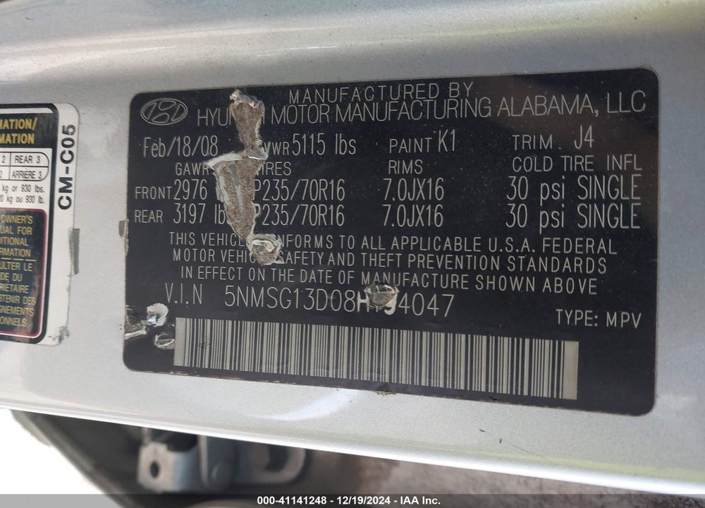 2008 HYUNDAI SANTA FE GLS VIN: 5NMSG13D08H194047