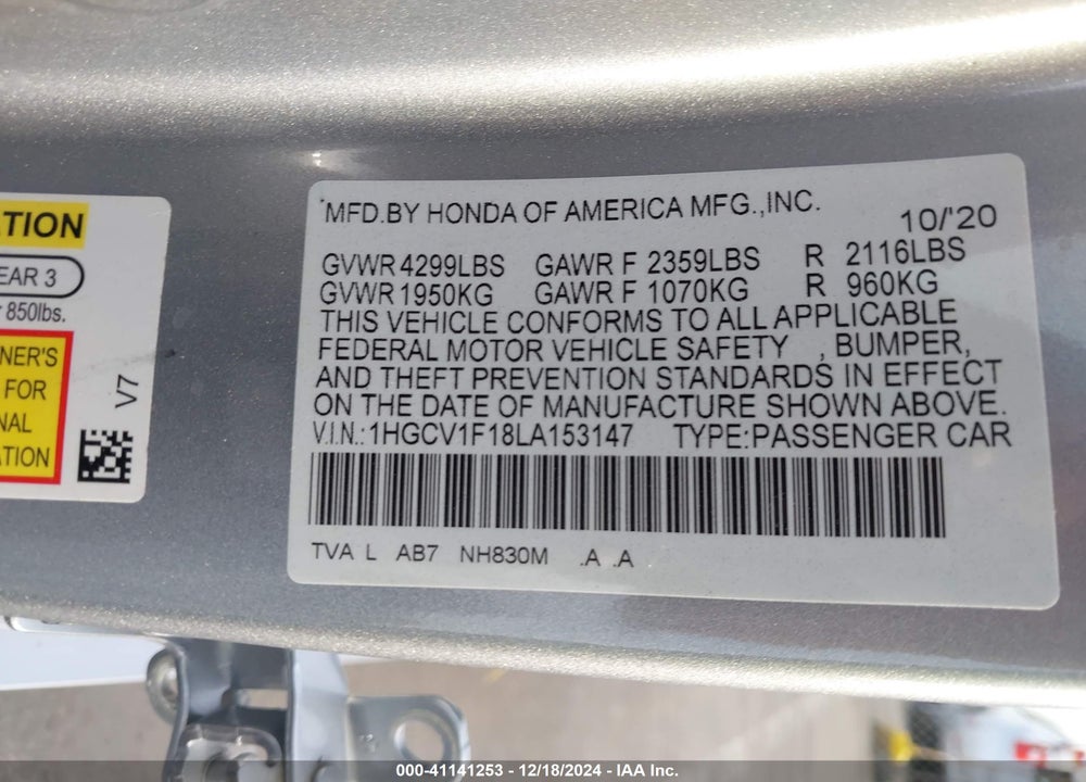 2020 HONDA ACCORD LX VIN: 1HGCV1F18LA153147