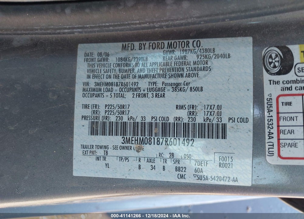 2007 MERCURY MILAN V6 PREMIER VIN: 3MEHM08187R601492