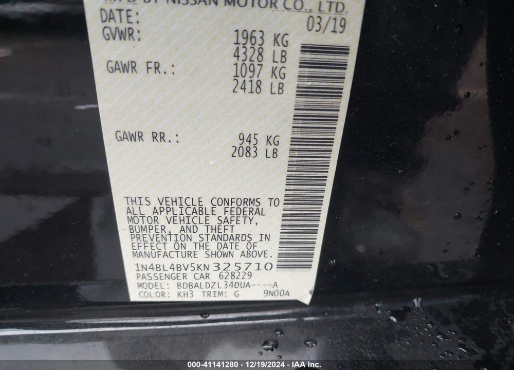 2019 NISSAN ALTIMA 2.5 S VIN: 1N4BL4BV5KN325710