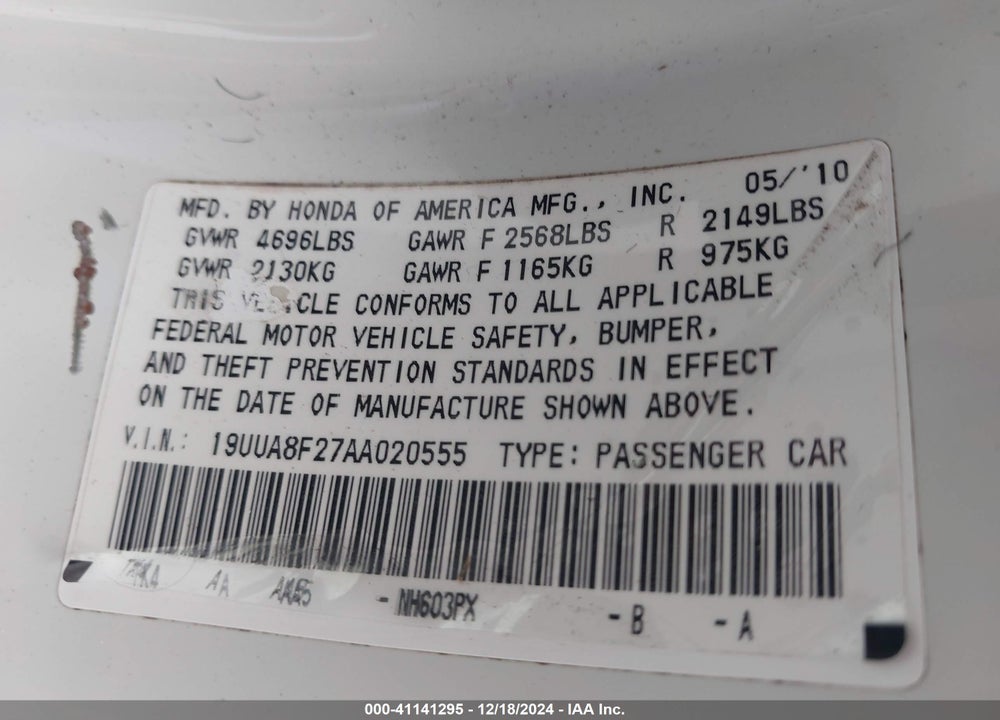 2010 ACURA TL 3.5 VIN: 19UUA8F27AA020555