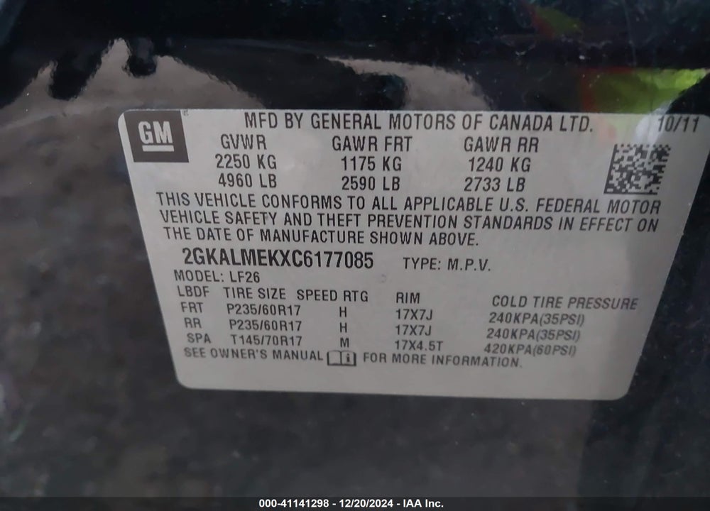 2012 GMC TERRAIN SLE-1 VIN: 2GKALMEKXC6177085