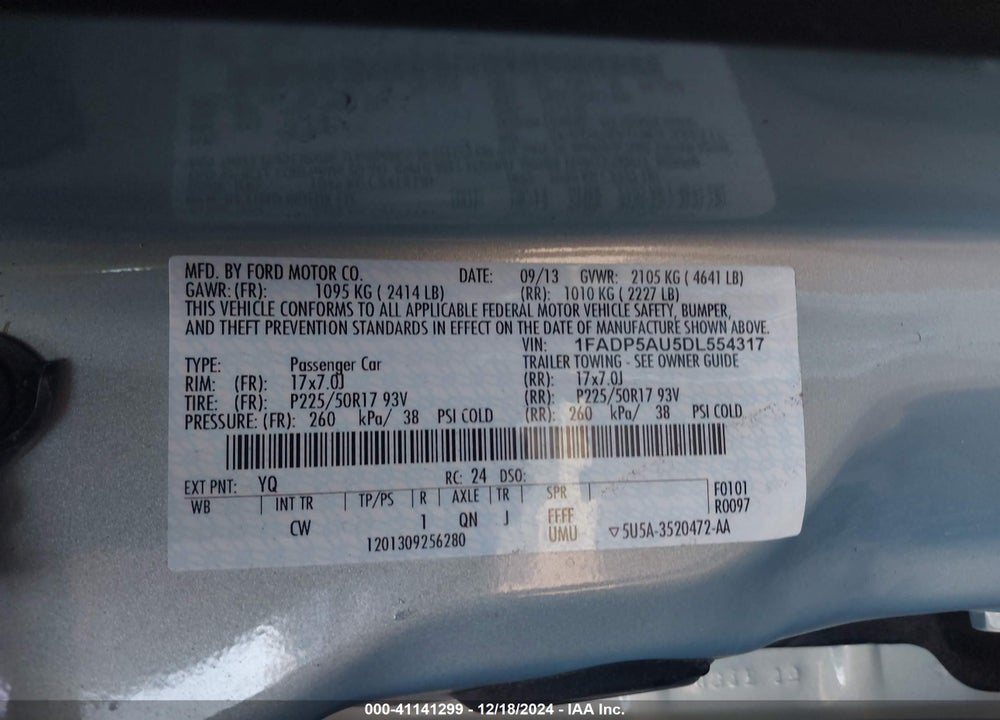 2013 FORD C-MAX HYBRID SE VIN: 1FADP5AU5DL554317