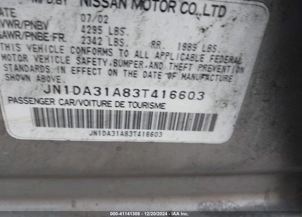 2003 NISSAN MAXIMA SE VIN: JN1DA31A83T416603