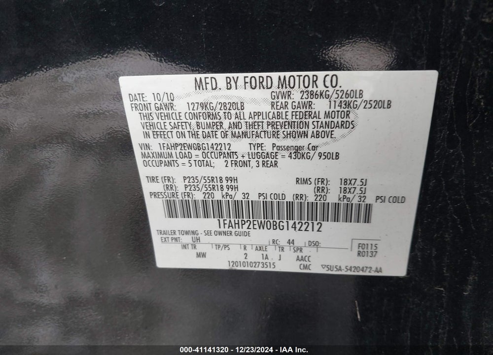 2011 FORD TAURUS SEL VIN: 1FAHP2EW0BG142212
