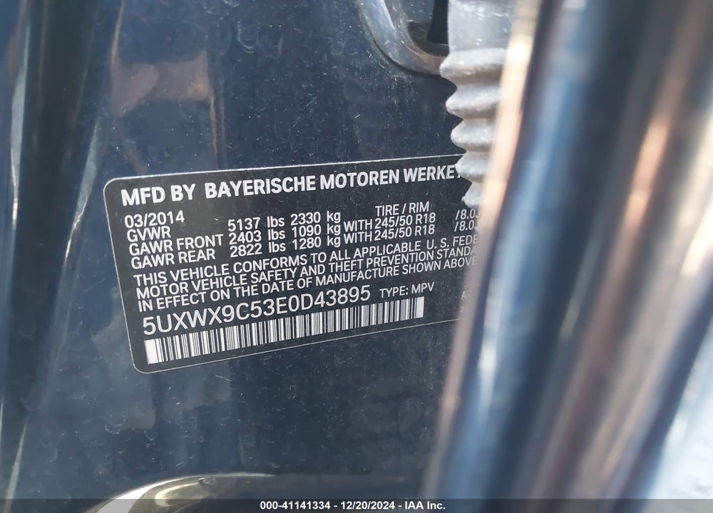 2014 BMW X3 XDRIVE28I VIN: 5UXWX9C53E0D43895