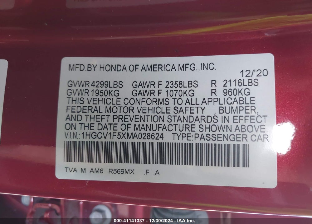 2021 HONDA ACCORD VIN: 1HGCV1F5XMA028624