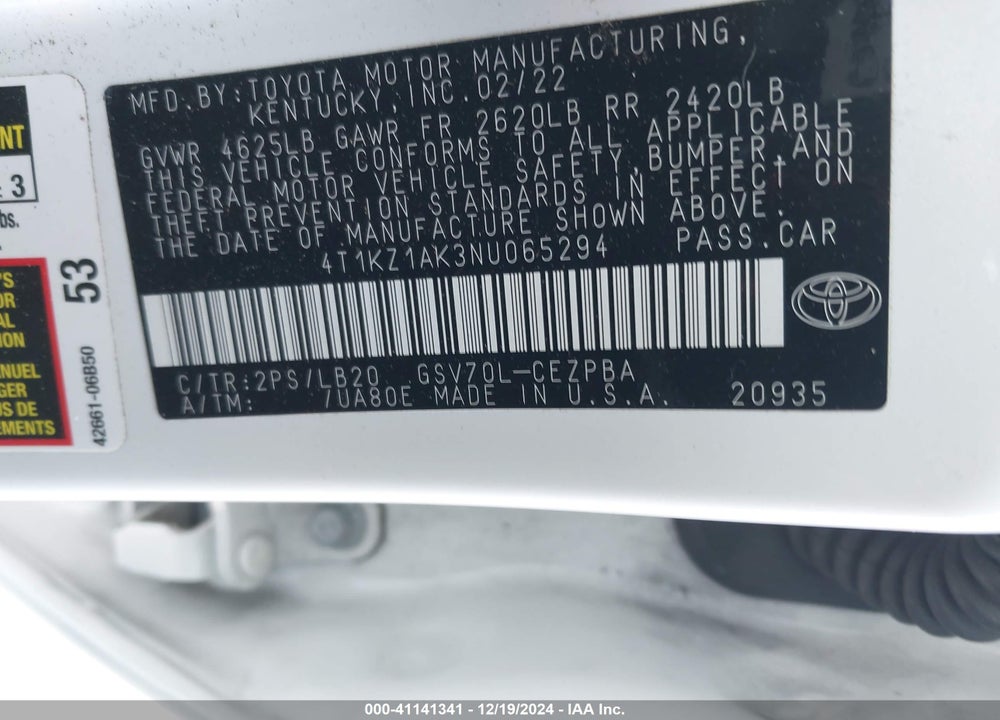2022 TOYOTA CAMRY XSE V6 VIN: 4T1KZ1AK3NU065294