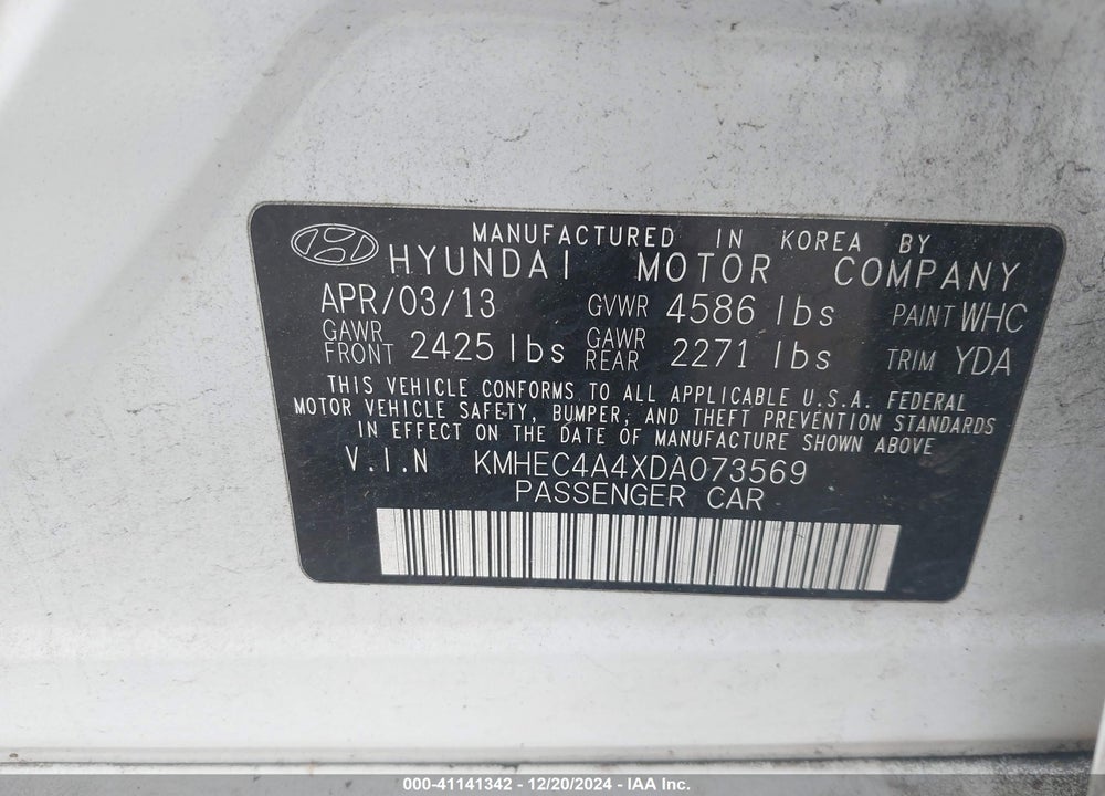 2013 HYUNDAI SONATA HYBRID VIN: KMHEC4A4XDA073569