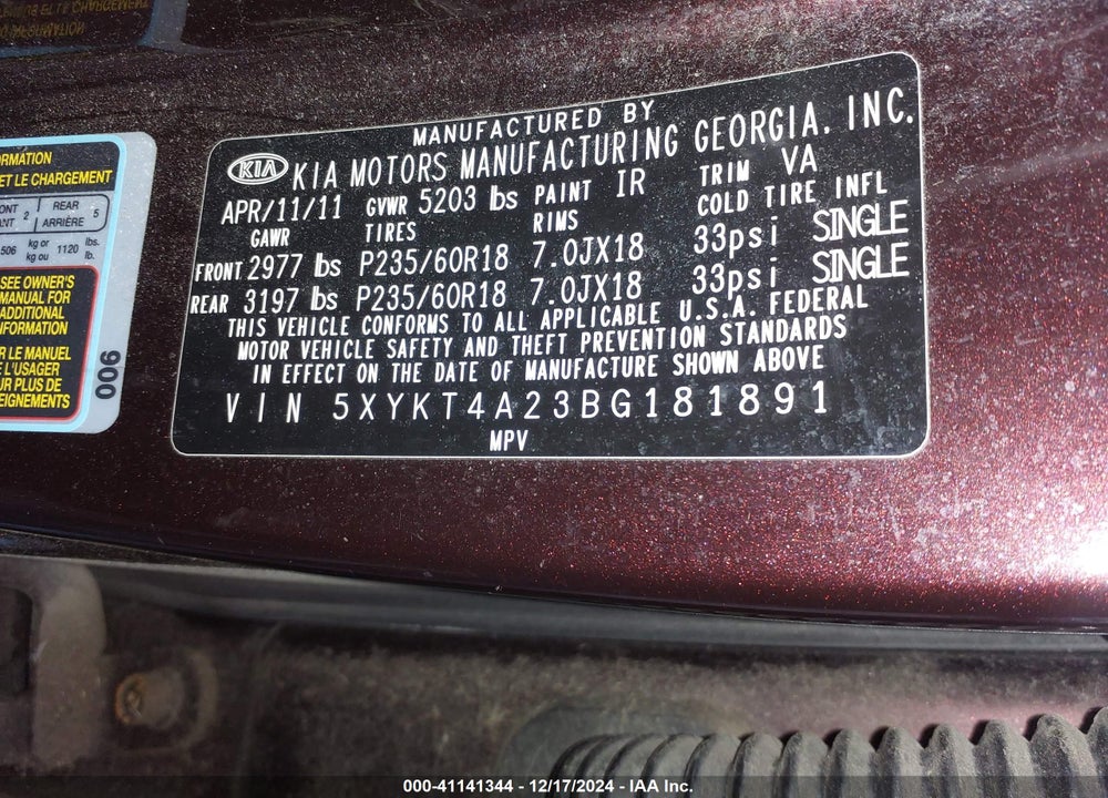 2011 KIA SORENTO LX V6 VIN: 5XYKT4A23BG181891