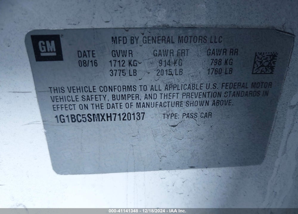 2017 CHEVROLET CRUZE LS AUTO VIN: 1G1BC5SMXH7120137