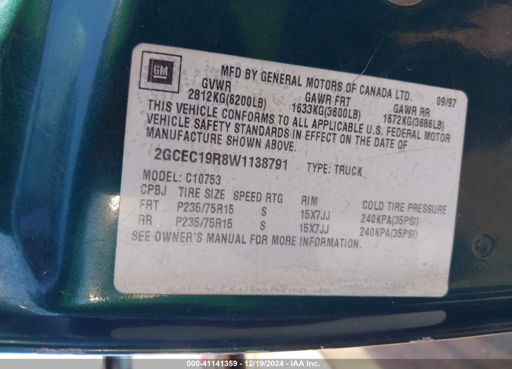 1998 CHEVROLET C1500 FLEETSIDE VIN: 2GCEC19R8W1138791