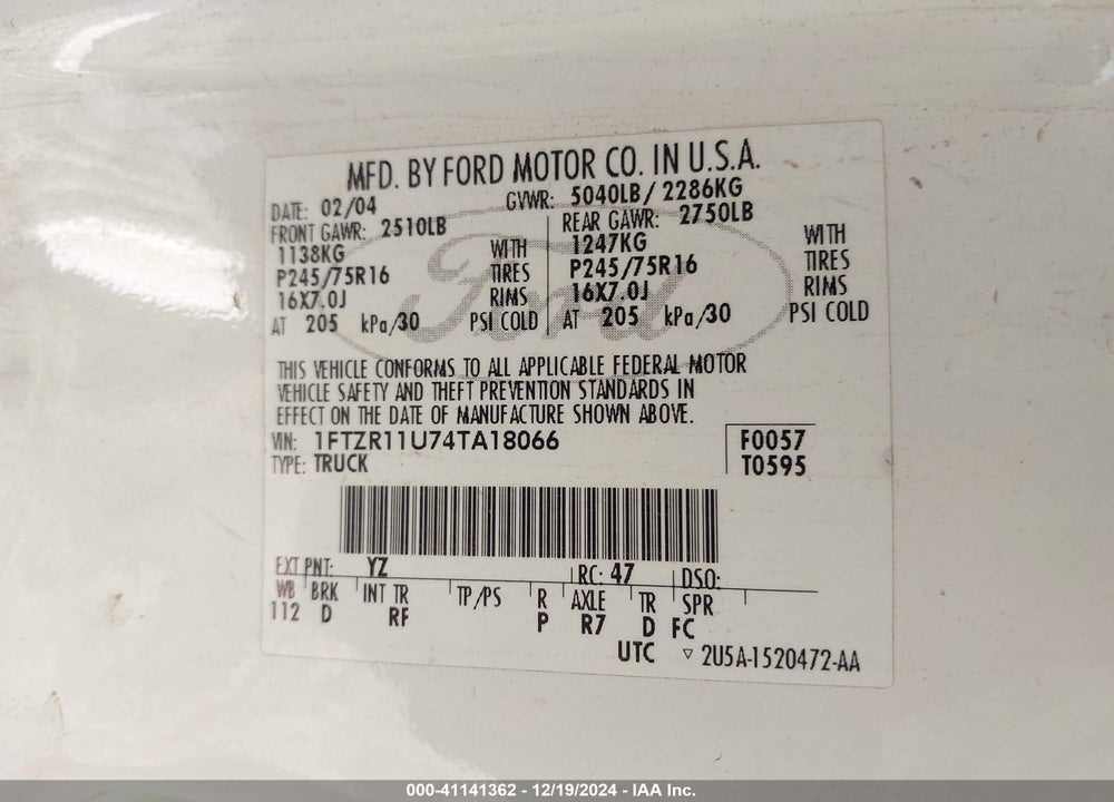 2004 RANGER FORD EDGE VIN: 1FTZR11U74TA18066
