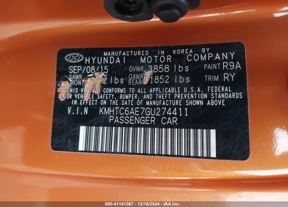 2016 HYUNDAI VELOSTER TURBO VIN: KMHTC6AE7GU274411