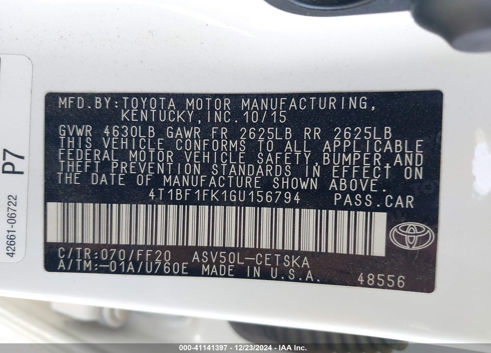 2016 TOYOTA CAMRY SE VIN: 4T1BF1FK1GU156794