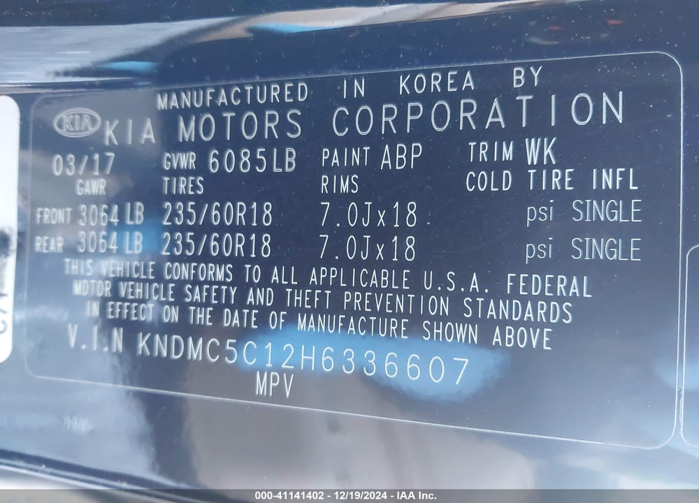 2017 KIA SEDONA EX VIN: KNDMC5C12H6336607