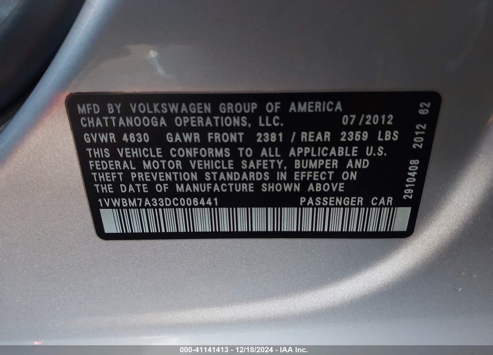 2013 VOLKSWAGEN PASSAT 3.6L V6 SE VIN: 1VWBM7A33DC006441