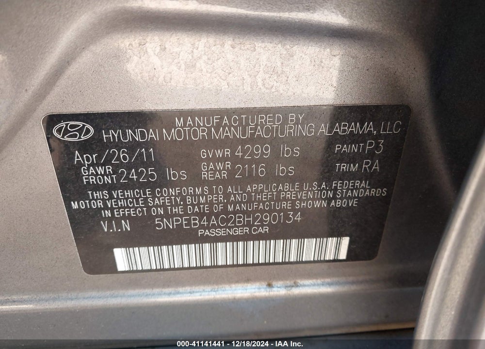 2011 HYUNDAI SONATA GLS VIN: 5NPEB4AC2BH290134