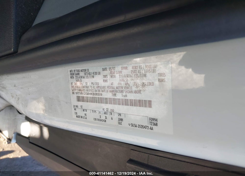 2017 FORD TRANSIT-250 VIN: 1FTYR1ZG8HKB08509