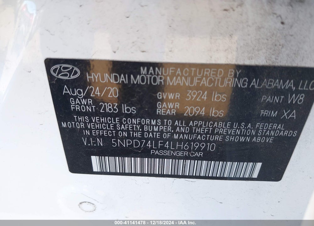 2020 HYUNDAI ELANTRA VIN: 5NPD74LF4LH619910