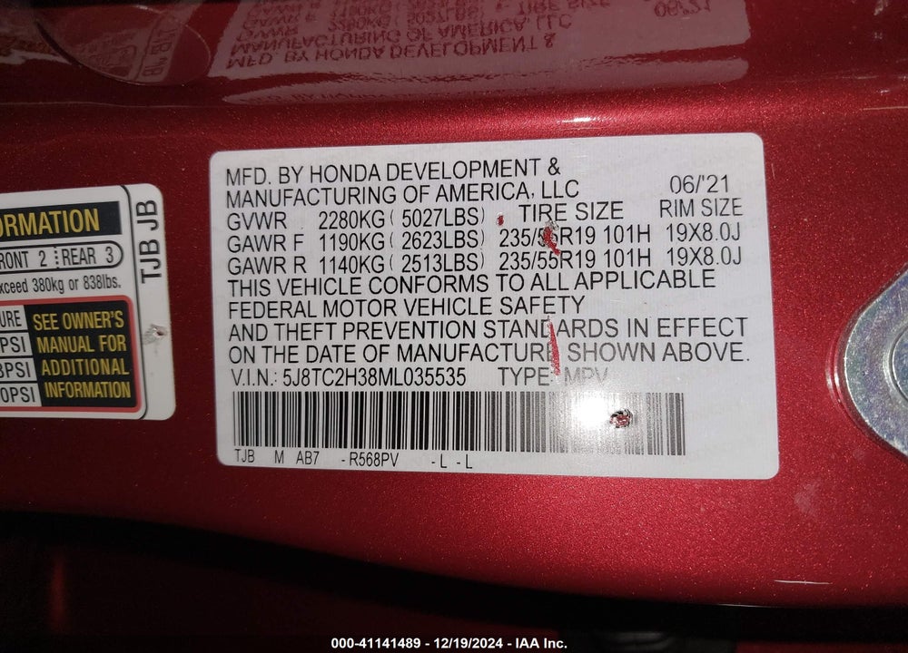 2021 ACURA RDX STANDARD VIN: 5J8TC2H38ML035535