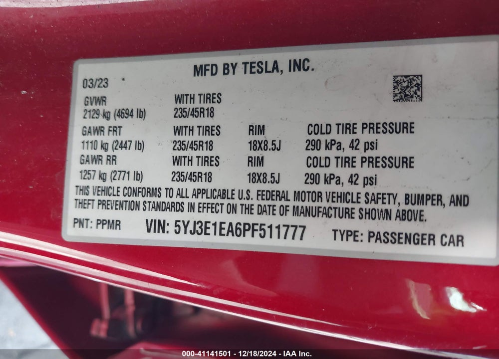 2023 TESLA MODEL 3 REAR-WHEEL DRIVE VIN: 5YJ3E1EA6PF511777