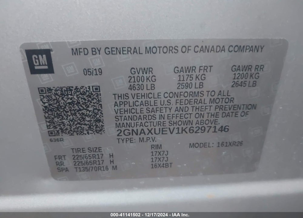 2019 CHEVROLET EQUINOX LT VIN: 2GNAXUEV1K6297146