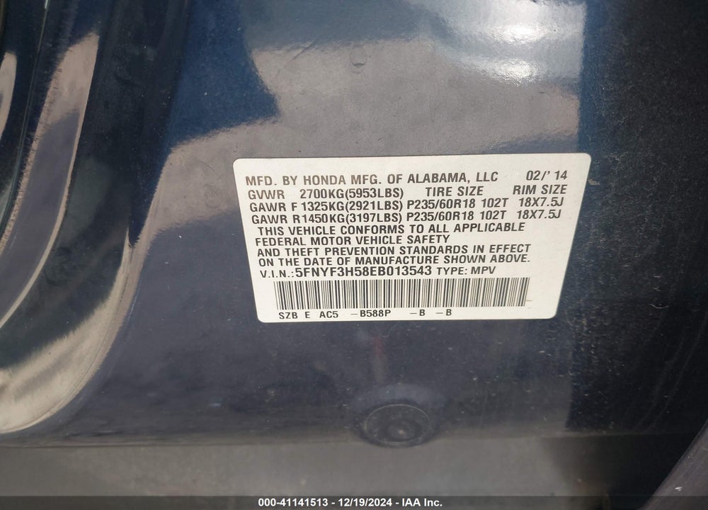 2014 HONDA PILOT EX-L VIN: 5FNYF3H58EB013543