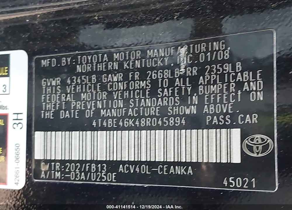 2008 TOYOTA CAMRY LE VIN: 4T4BE46K48R045894