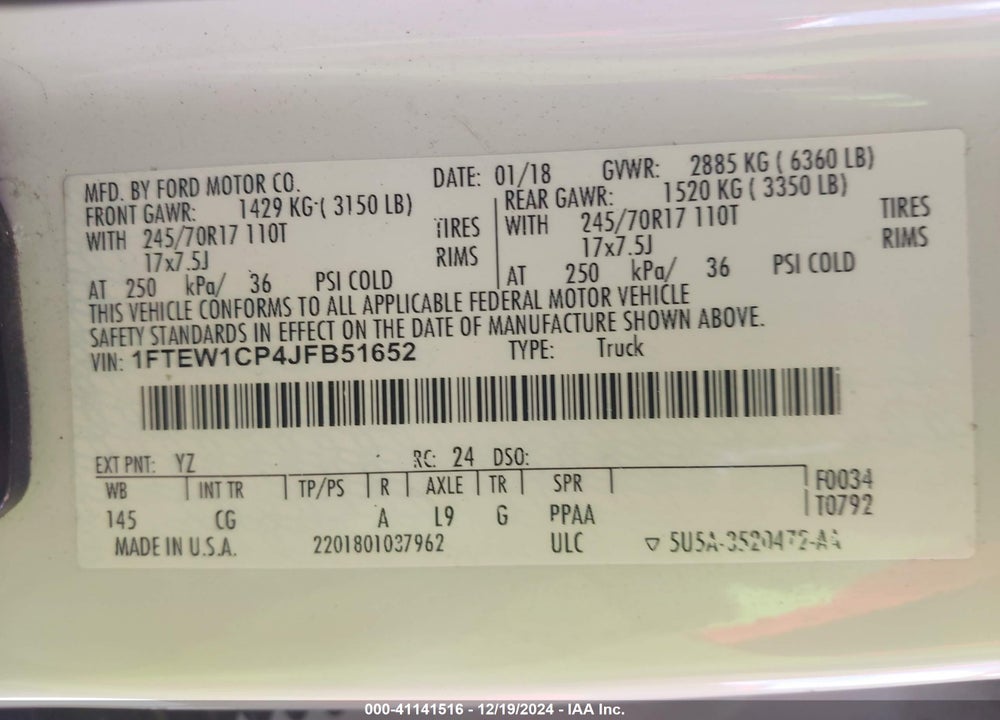 2018 FORD F-150 XL VIN: 1FTEW1CP4JFB51652