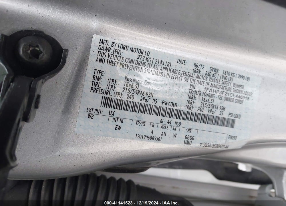 2012 FORD FOCUS SE VIN: 1FAHP3F21CL446918