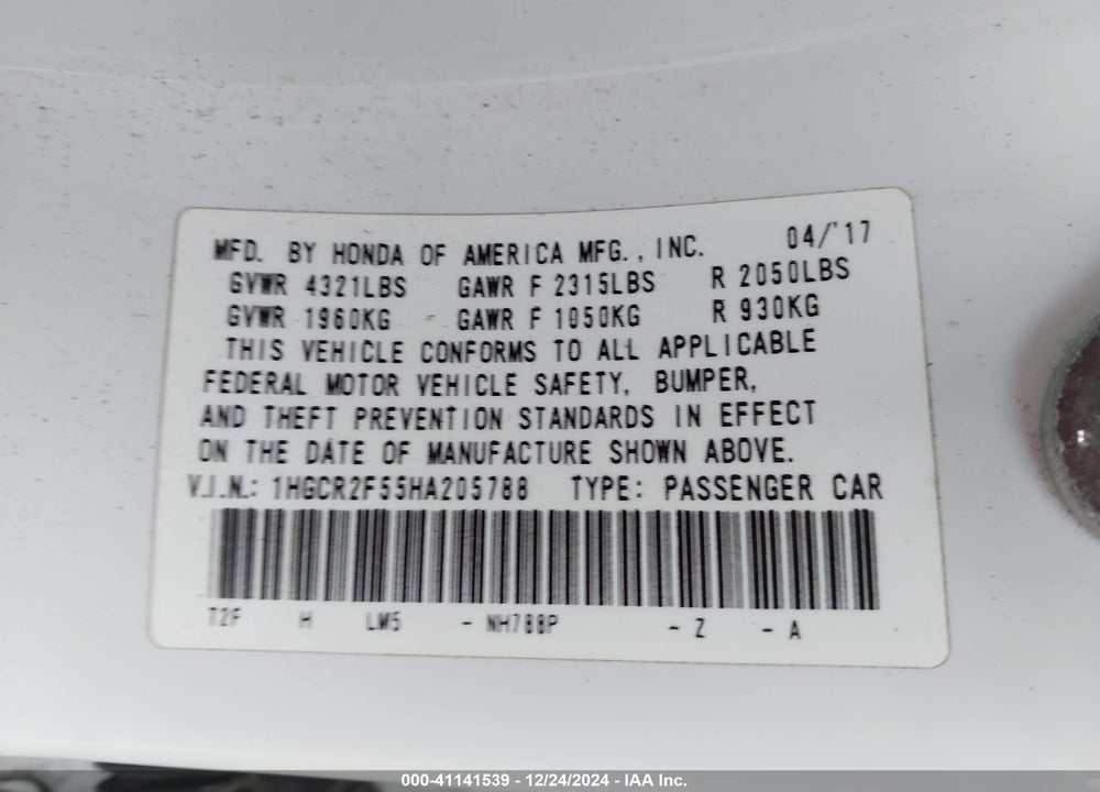 2017 HONDA ACCORD VIN: 1HGCR2F55HA205788