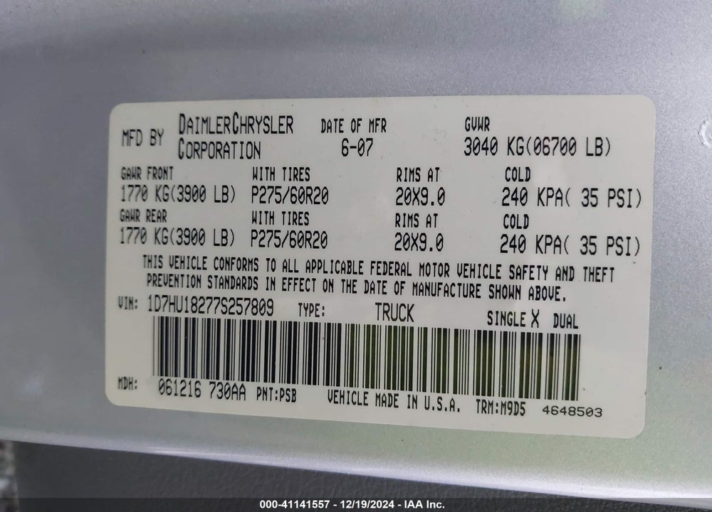 2007 DODGE RAM 1500 VIN: 1D7HU18277S257809