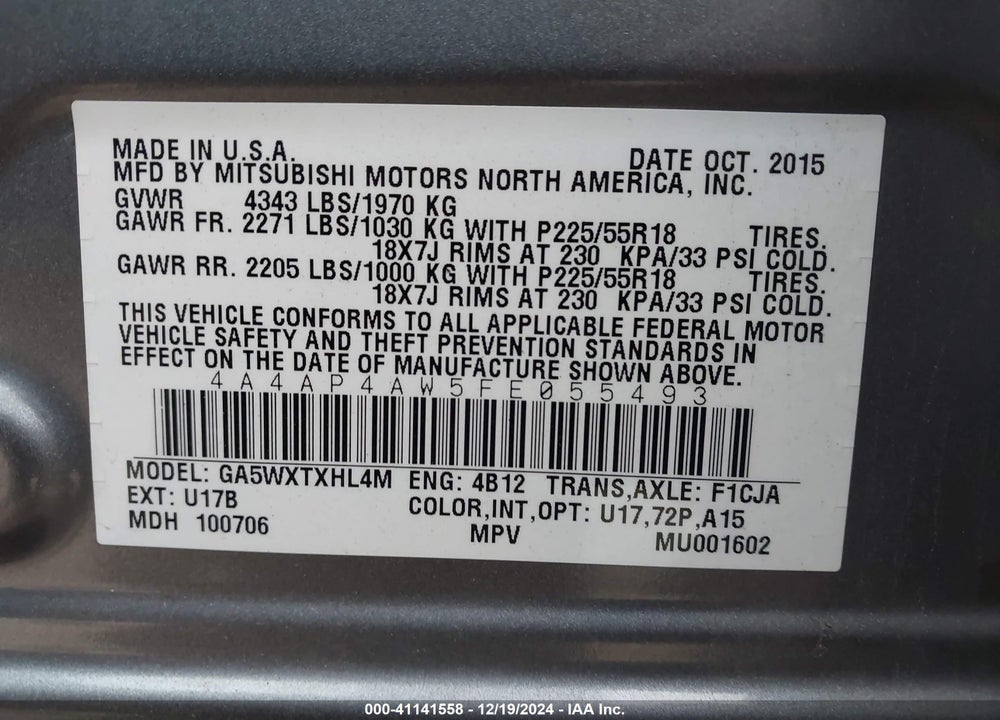 2015 MITSUBISHI OUTLANDER SPORT GT VIN: 4A4AP4AW5FE055493