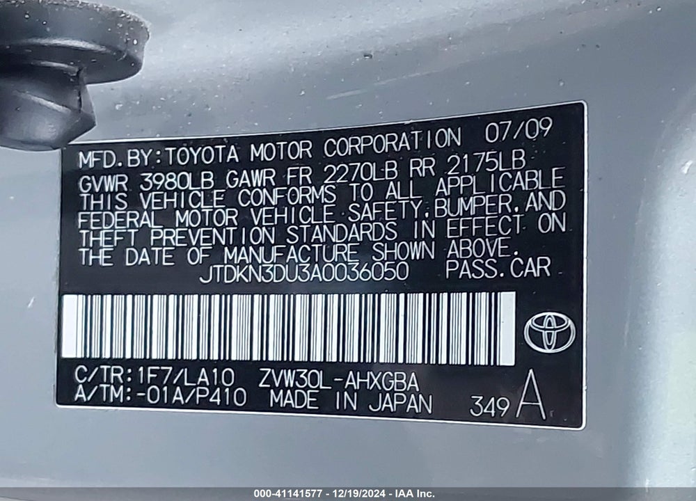 2010 TOYOTA PRIUS IV VIN: JTDKN3DU3A0036050