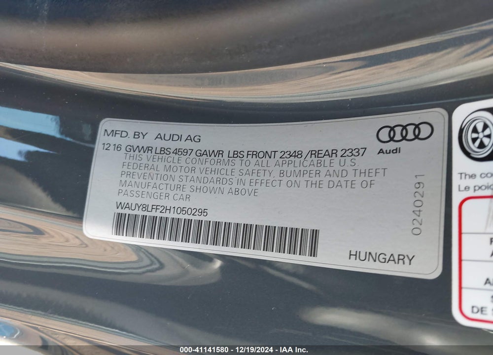 2017 AUDI A3 2.0T PREMIUM VIN: WAUY8LFF2H1050295