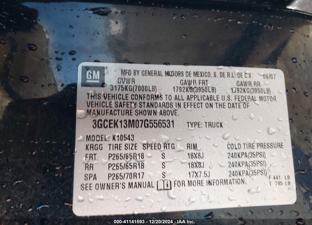 2007 CHEVROLET SILVERADO 1500 LT2 VIN: 3GCEK13M07G556531