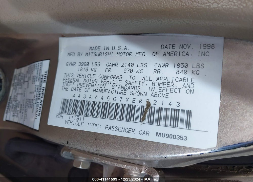 1999 MITSUBISHI GALANT ES VIN: 4A3AA46G7XE072143
