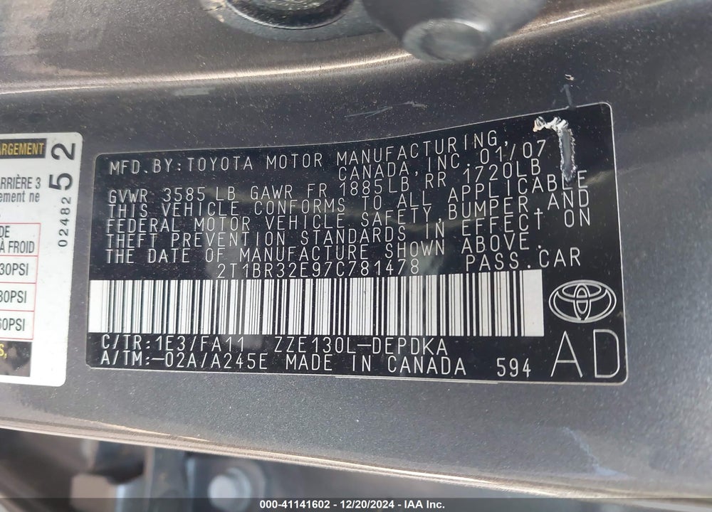 2007 TOYOTA COROLLA CE VIN: 2T1BR32E97C781478