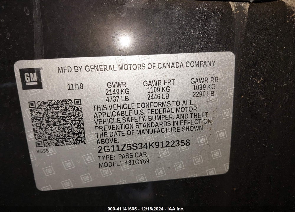 2019 CHEVROLET IMPALA VIN: 2G11Z5S34K9122358