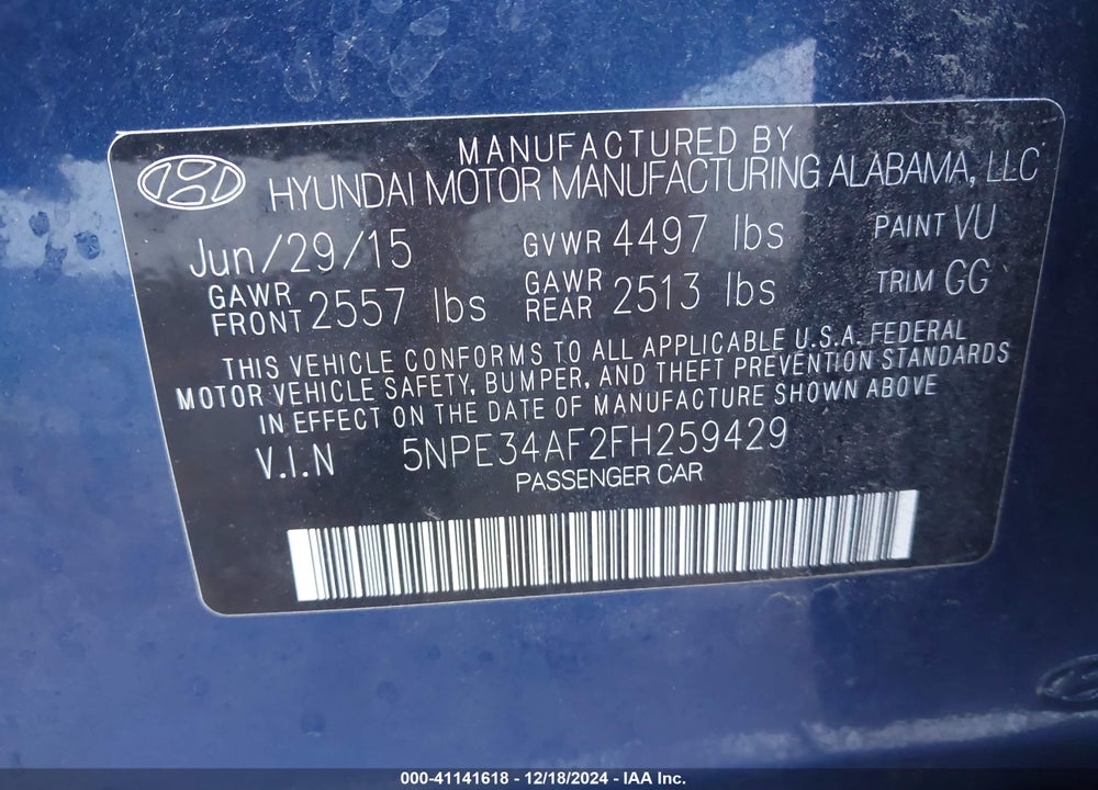 2015 HYUNDAI SONATA LIMITED VIN: 5NPE34AF2FH259429