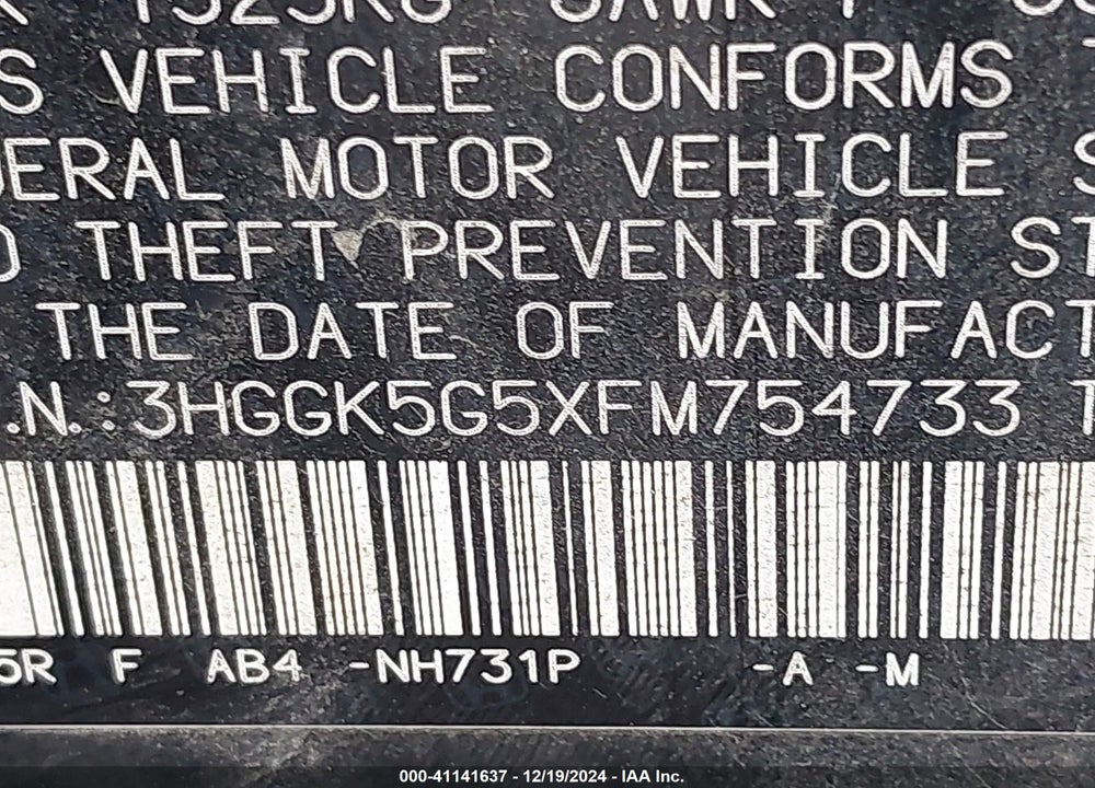 2015 HONDA FIT VIN: 3HGGK5G5XFM754733