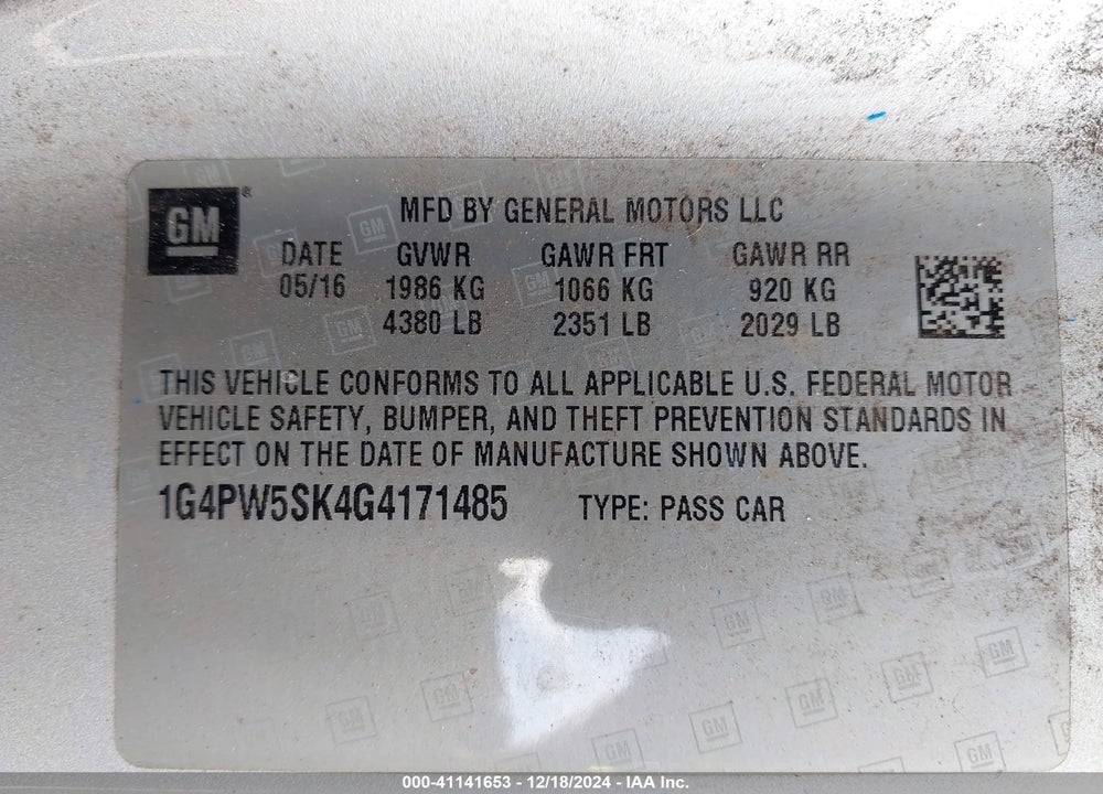 2016 BUICK VERANO SPORT TOURING GROUP VIN: 1G4PW5SK4G4171485