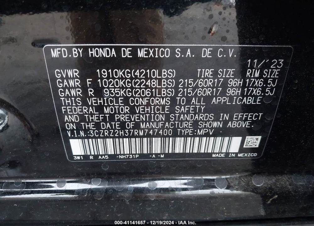 2024 HONDA HR-V AWD LX VIN: 3CZRZ2H37RM747400