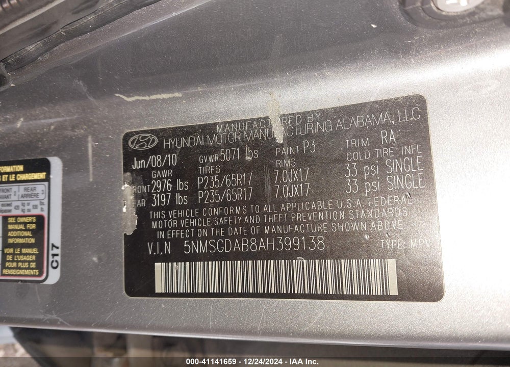 2010 HYUNDAI SANTA FE GLS VIN: 5NMSGDAB8AH399138