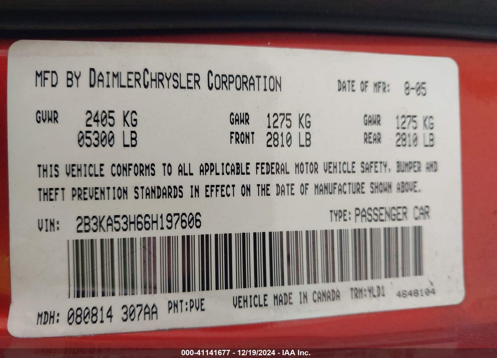 2006 DODGE CHARGER RT VIN: 2B3KA53H66H197606