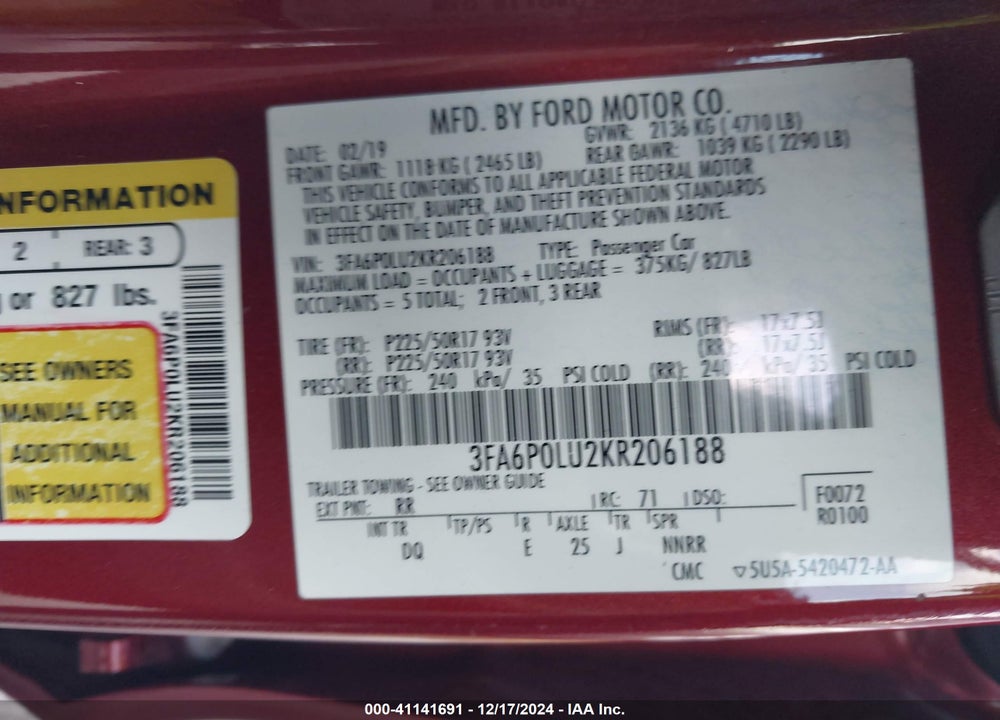 2019 FORD FUSION HYBRID VIN: 3FA6P0LU2KR206188