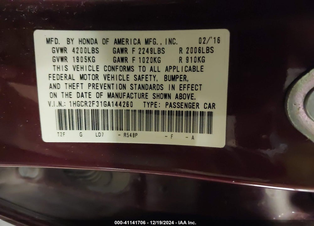 2016 HONDA ACCORD VIN: 1HGCR2F31GA144260