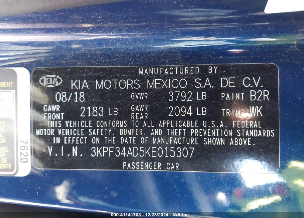 2019 KIA FORTE S VIN: 3KPF34AD5KE015307