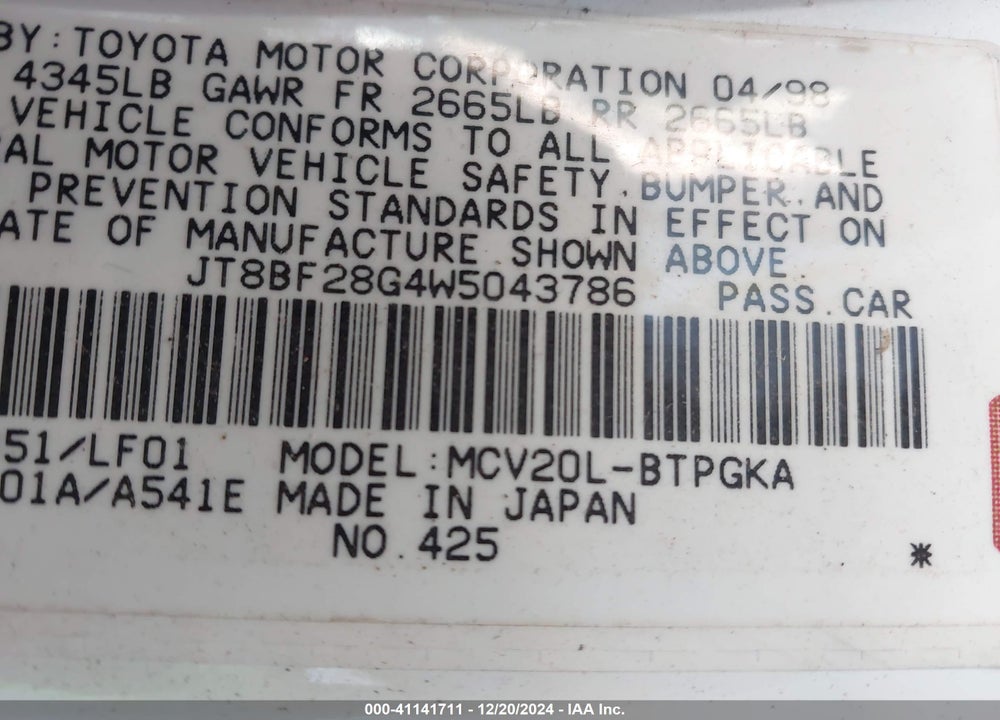 1998 LEXUS ES 300 VIN: JT8BF28G4W5043786